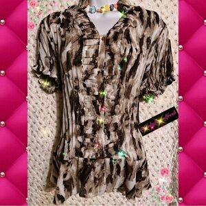 Dress Barn y2k lovely sheer short puff sleeve ruffle front button down blouse.
